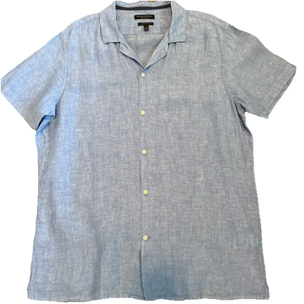 Banana Republic Men’s Large Camden Fit 100% Linen Short Sleeve Button Up Blue